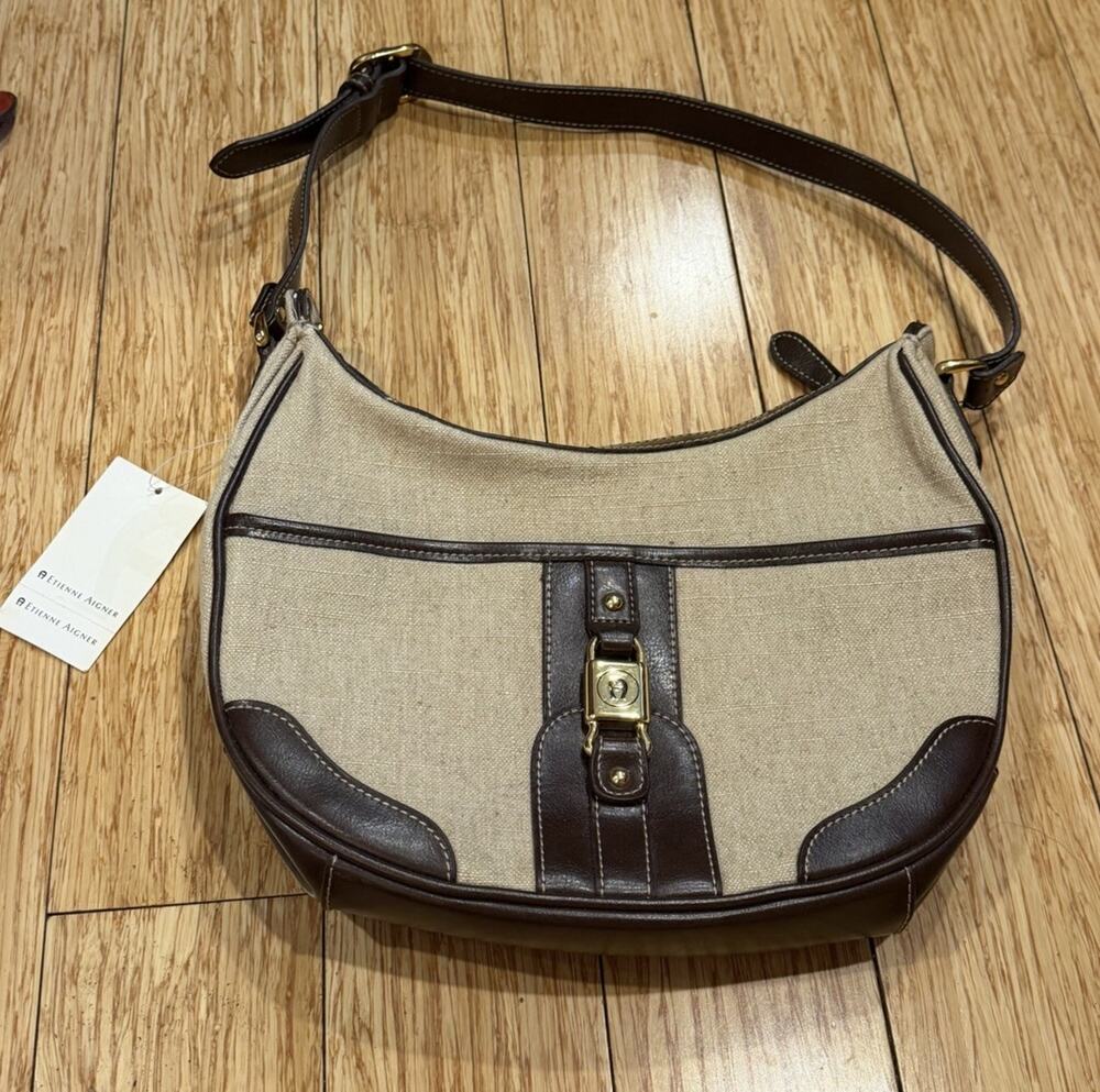 Etienne Aigner Linen Purse Handbag Faux Leather Linen Blend Shoulder Bag New
